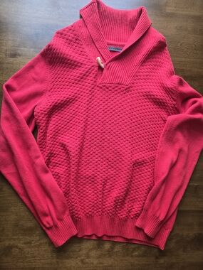 Sean John Red Textured Knit Sweater Size Large 100% Cotton Shawl Collar